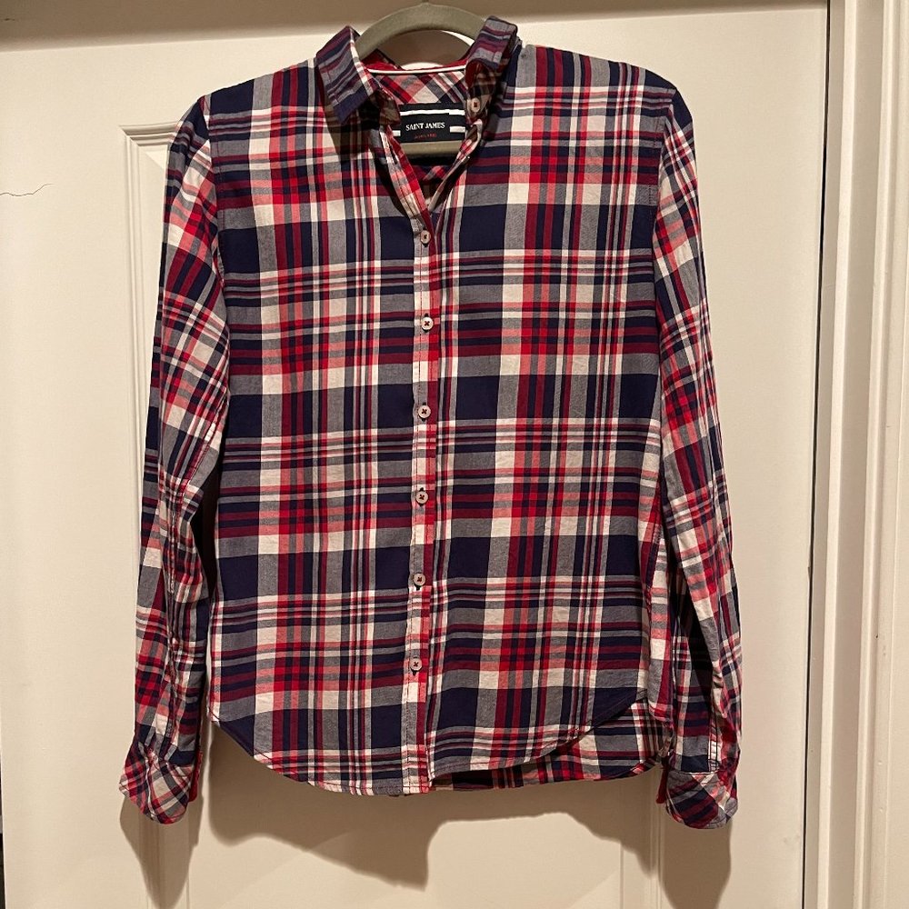 •	Saint James red and navy plaid button down shirt, size 6 – EUC